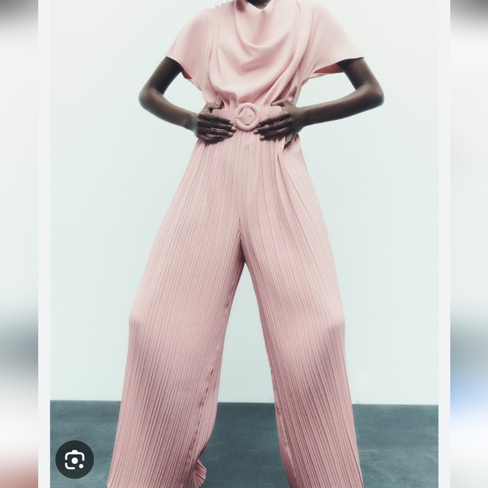 Zara Dusty Pink Pleated Wide-Leg Jumpsuit with Belt - Picture 2 of 15